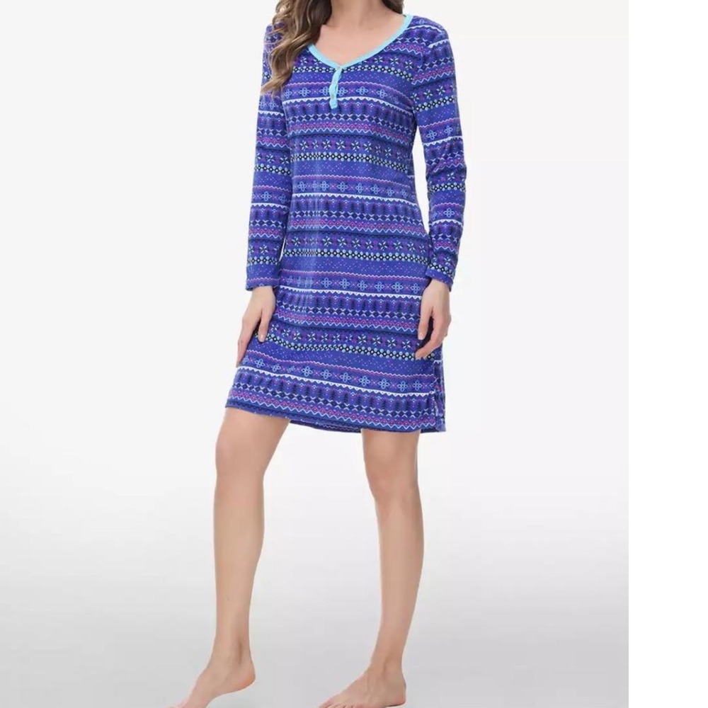 INK + IVY Women's Blue Fair Isle Print Long Sleeve‎ Henley Sleepshirt Large Cozy